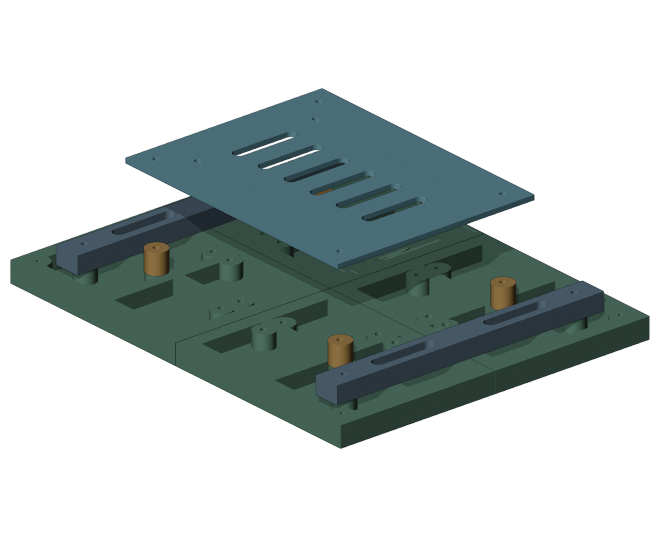 Actual PF1 printed base CAD with removable tray raised, four base quarters and crossmembers