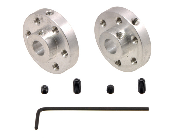 A pair of Pololu universal aluminum mounting hubs for 6 mm diameter shafts.