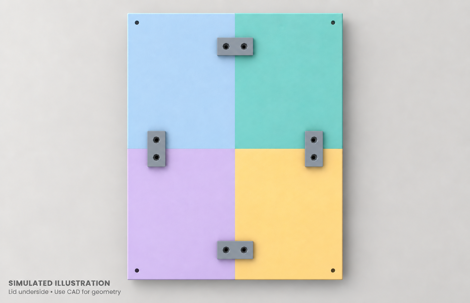 AI-generated contextual underside view of four colored lid tiles linked by four gray seam straps, with empty strap recesses and four corner holes.